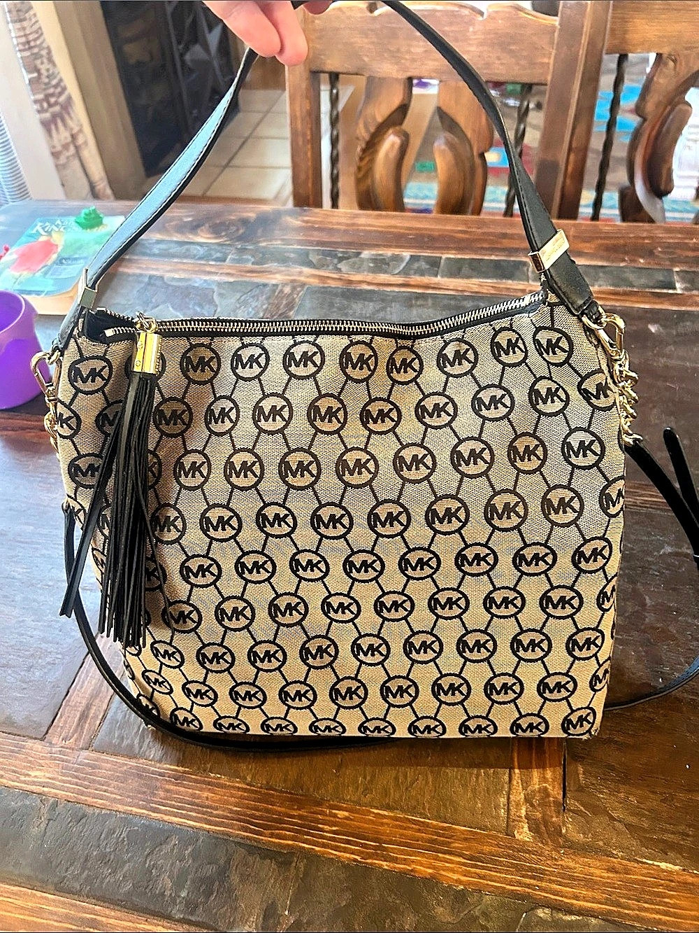 Michael Kors Monogram Shoulder Bag in Brown & Black